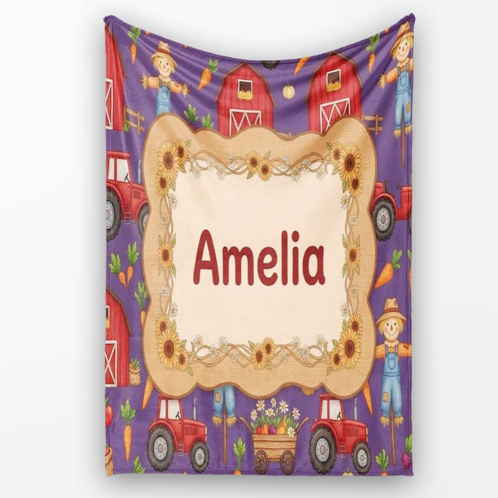 Cute Scarecrow Barn Sunflower Farm Purple Background Seamless Personalised Custom Name Super Soft Fleece Blanket Bed Sofa Throw