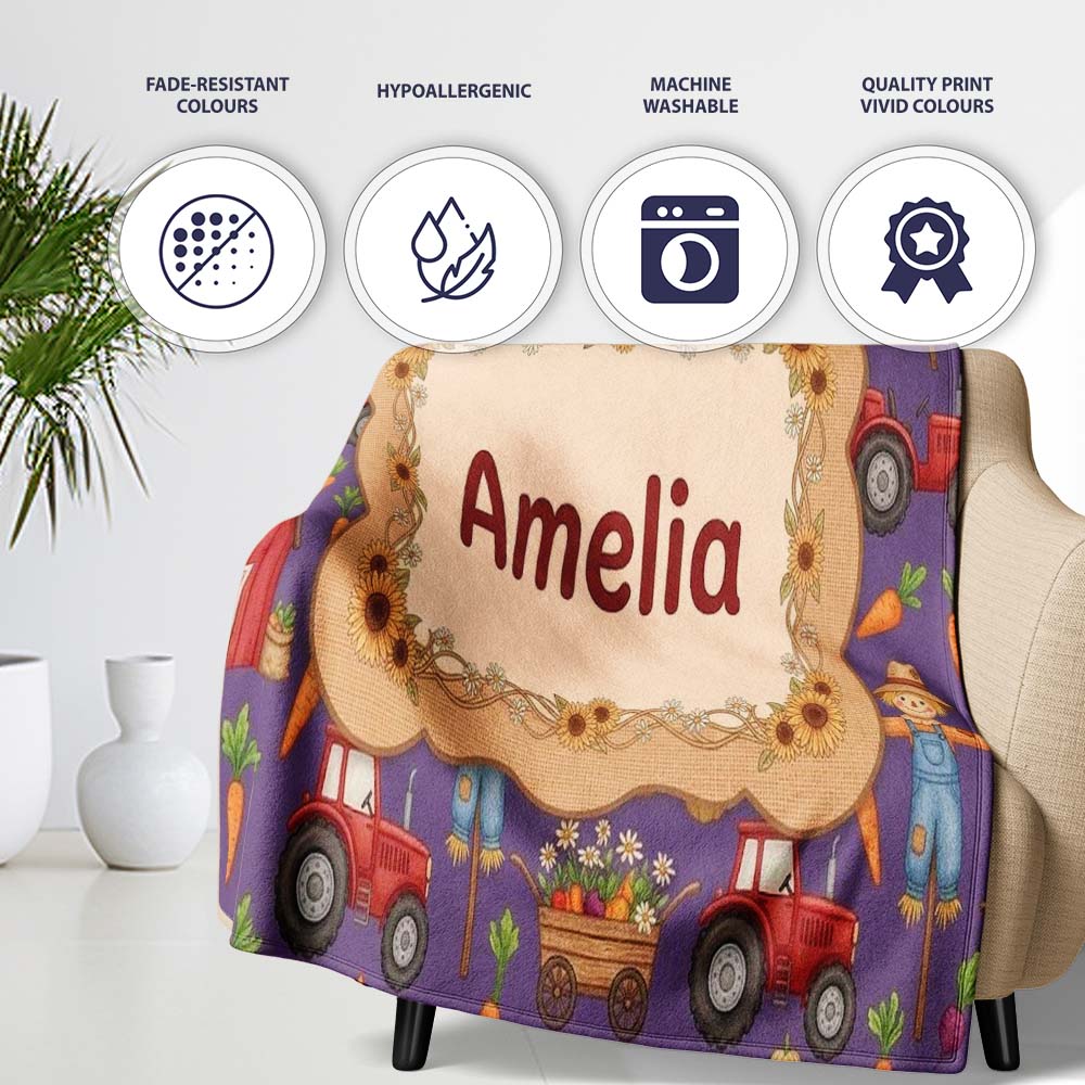 Cute Scarecrow Barn Sunflower Farm Purple Background Seamless Personalised Custom Name Super Soft Fleece Blanket Bed Sofa Throw