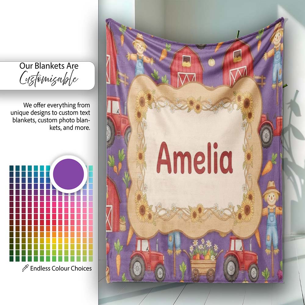 Cute Scarecrow Barn Sunflower Farm Purple Background Seamless Personalised Custom Name Super Soft Fleece Blanket Bed Sofa Throw