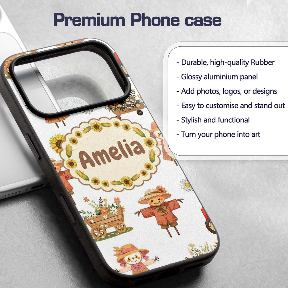 Cute Scarecrow Barn Sunflower Farm Printed Design Custom Name Protective Phone Case Mobile Cover Durable Everyday Smartphone Shock Resistant