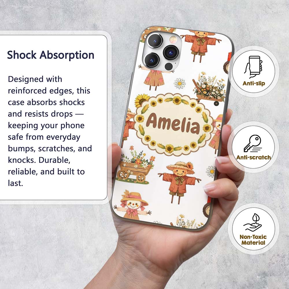 Cute Scarecrow Barn Sunflower Farm Printed Design Custom Name Protective Phone Case Mobile Cover Durable Everyday Smartphone Shock Resistant