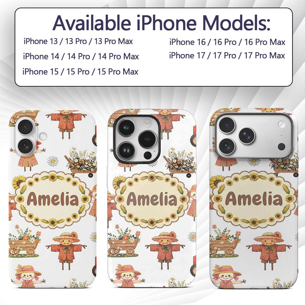 Cute Scarecrow Barn Sunflower Farm Printed Design Custom Name Protective Phone Case Mobile Cover Durable Everyday Smartphone Shock Resistant