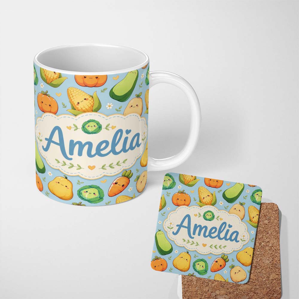 Personalized Custom Name Cute Kawaii Vegetables Corn Carrot Pumpkin Blue Background Seamless 11oz Ceramic Coffee Tea Mug White Large Handle