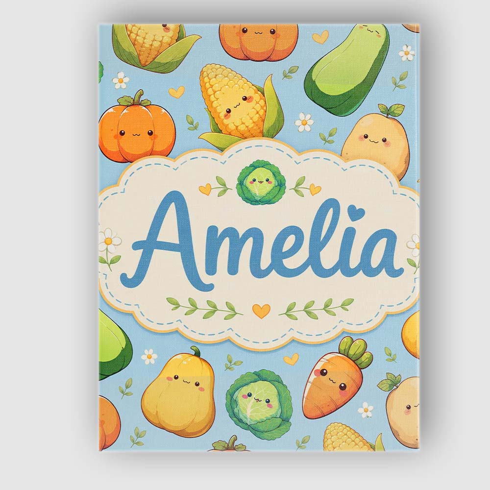 Personalised Name Cute Kawaii Vegetables Custom Unique Gift Idea Elegant Feature Canvas Wall Art Print Decor Picture Ready to Hang