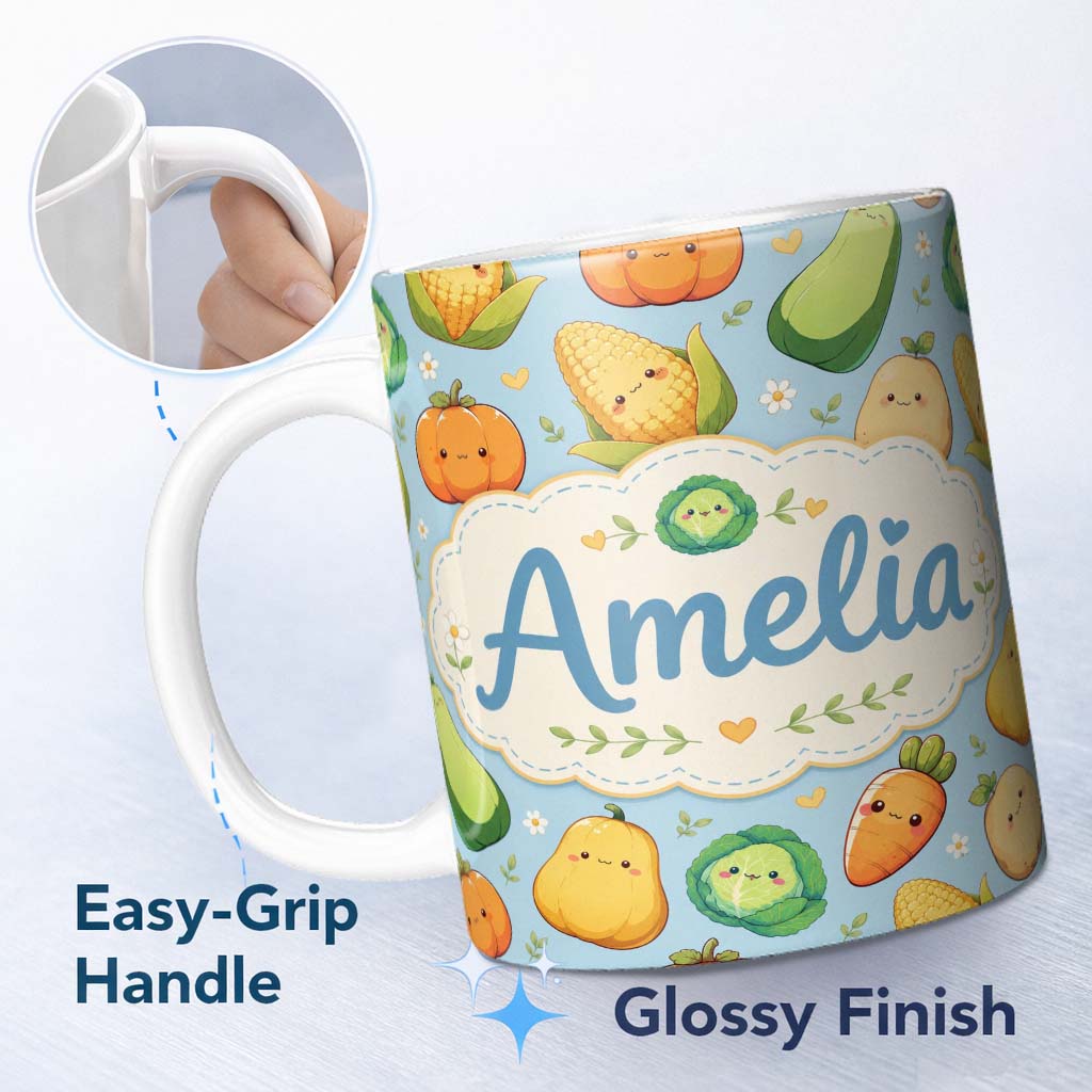 Personalized Custom Name Cute Kawaii Vegetables Corn Carrot Pumpkin Blue Background Seamless 11oz Ceramic Coffee Tea Mug White Large Handle