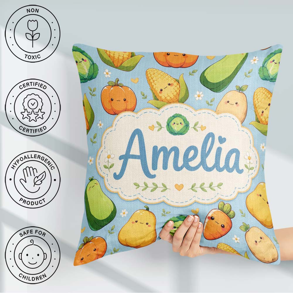 Custom Name Kawaii Vegetables Corn Carrot Pumpkin Blue Seamless Square Filled Cushion Throw Pillow Sofa Bed Home Decor Zip Washable UK Made