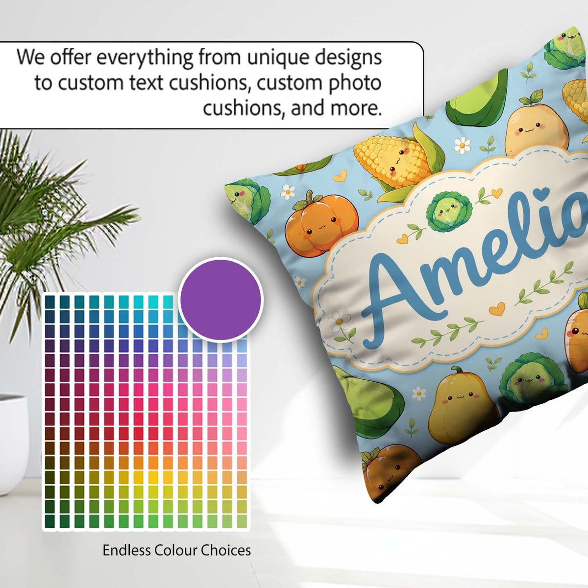Custom Name Kawaii Vegetables Corn Carrot Pumpkin Blue Seamless Square Filled Cushion Throw Pillow Sofa Bed Home Decor Zip Washable UK Made