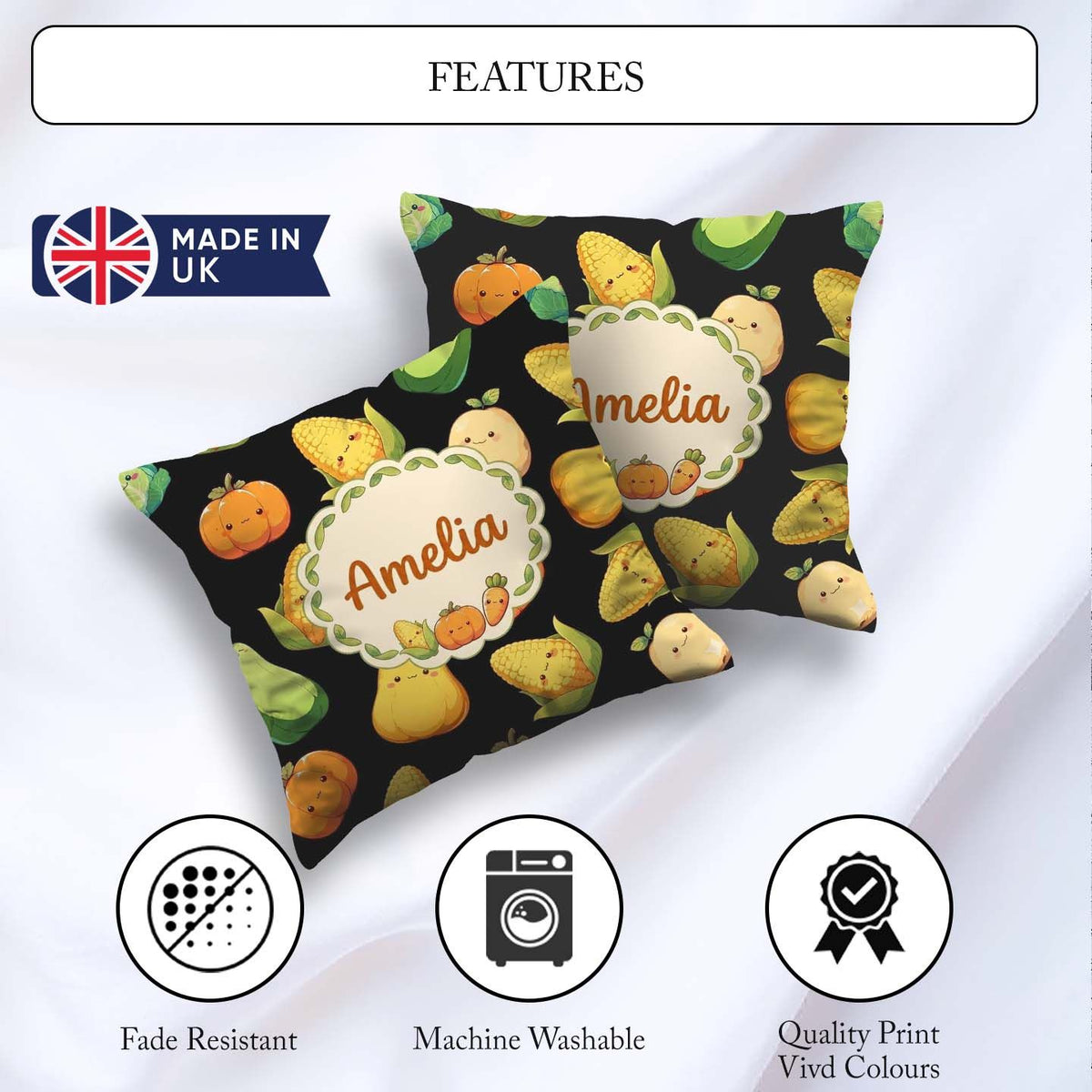 Custom Name Cute Kawaii Vegetables Corn Pumpkin Black Background Square Filled Cushion Throw Pillow Sofa Bed Home Decor Zip Washable UK Made