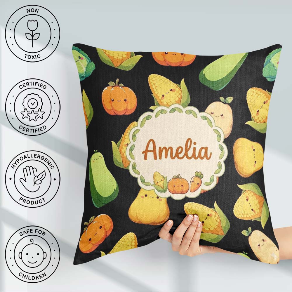 Custom Name Cute Kawaii Vegetables Corn Pumpkin Black Background Square Filled Cushion Throw Pillow Sofa Bed Home Decor Zip Washable UK Made