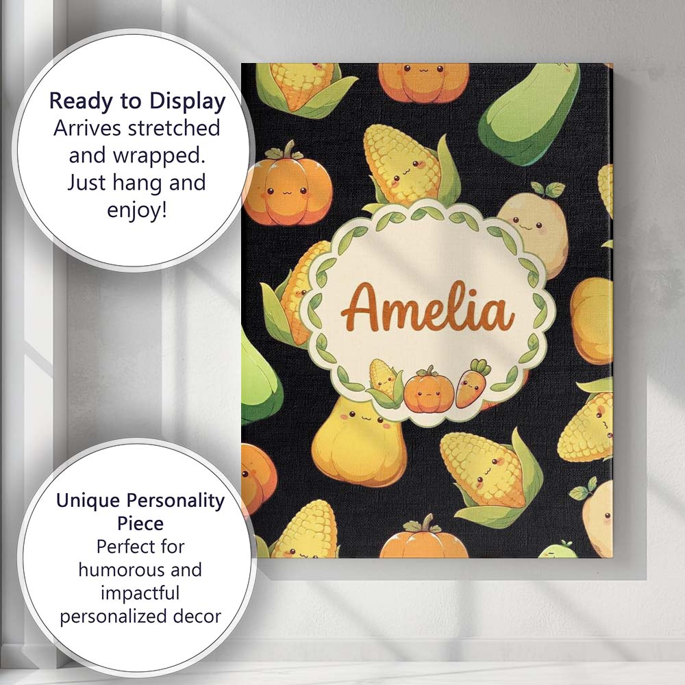 Personalised Name Cute Kawaii Vegetables Custom Unique Gift Idea Elegant Feature Canvas Wall Art Print Decor Picture Ready to Hang