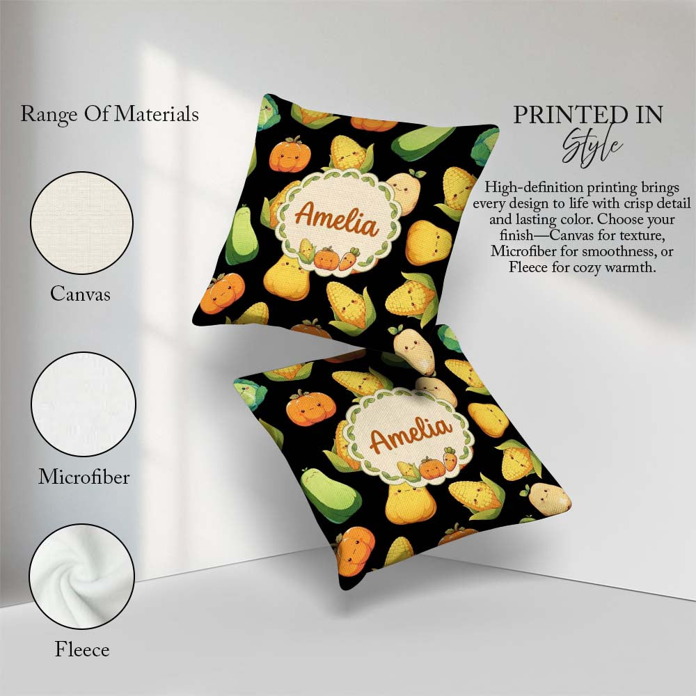 Custom Name Cute Kawaii Vegetables Corn Pumpkin Black Background Square Filled Cushion Throw Pillow Sofa Bed Home Decor Zip Washable UK Made