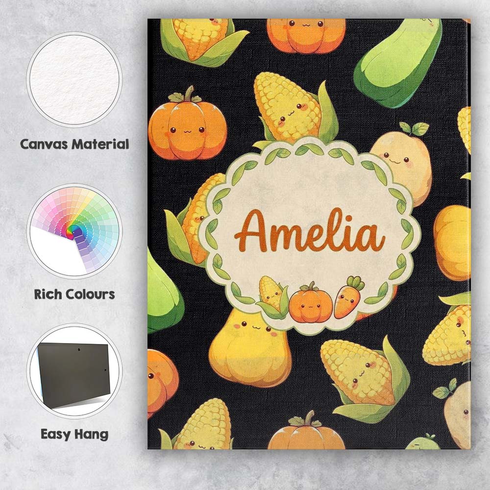 Personalised Name Cute Kawaii Vegetables Custom Unique Gift Idea Elegant Feature Canvas Wall Art Print Decor Picture Ready to Hang