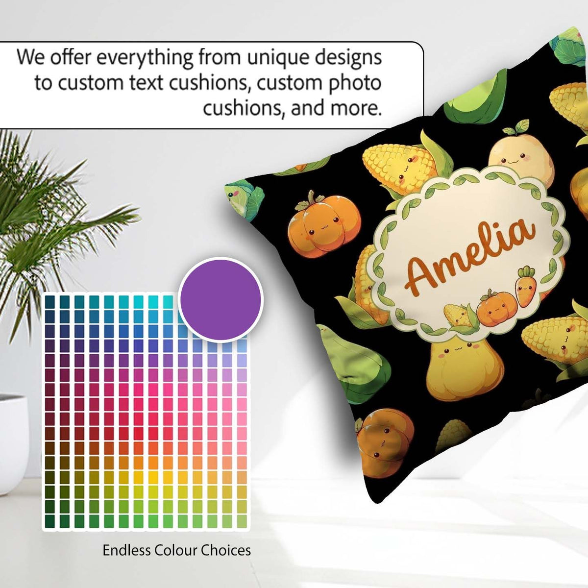 Custom Name Cute Kawaii Vegetables Corn Pumpkin Black Background Square Filled Cushion Throw Pillow Sofa Bed Home Decor Zip Washable UK Made
