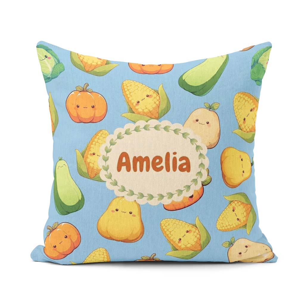 Custom Name Cute Kawaii Vegetables Corn Carrot Pumpkin Sky Blue Square Filled Cushion Throw Pillow Sofa Bed Home Decor Zip Washable UK Made