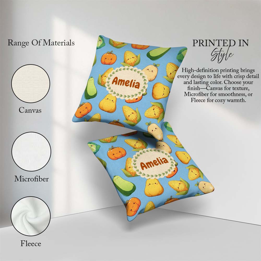 Custom Name Cute Kawaii Vegetables Corn Carrot Pumpkin Sky Blue Square Filled Cushion Throw Pillow Sofa Bed Home Decor Zip Washable UK Made