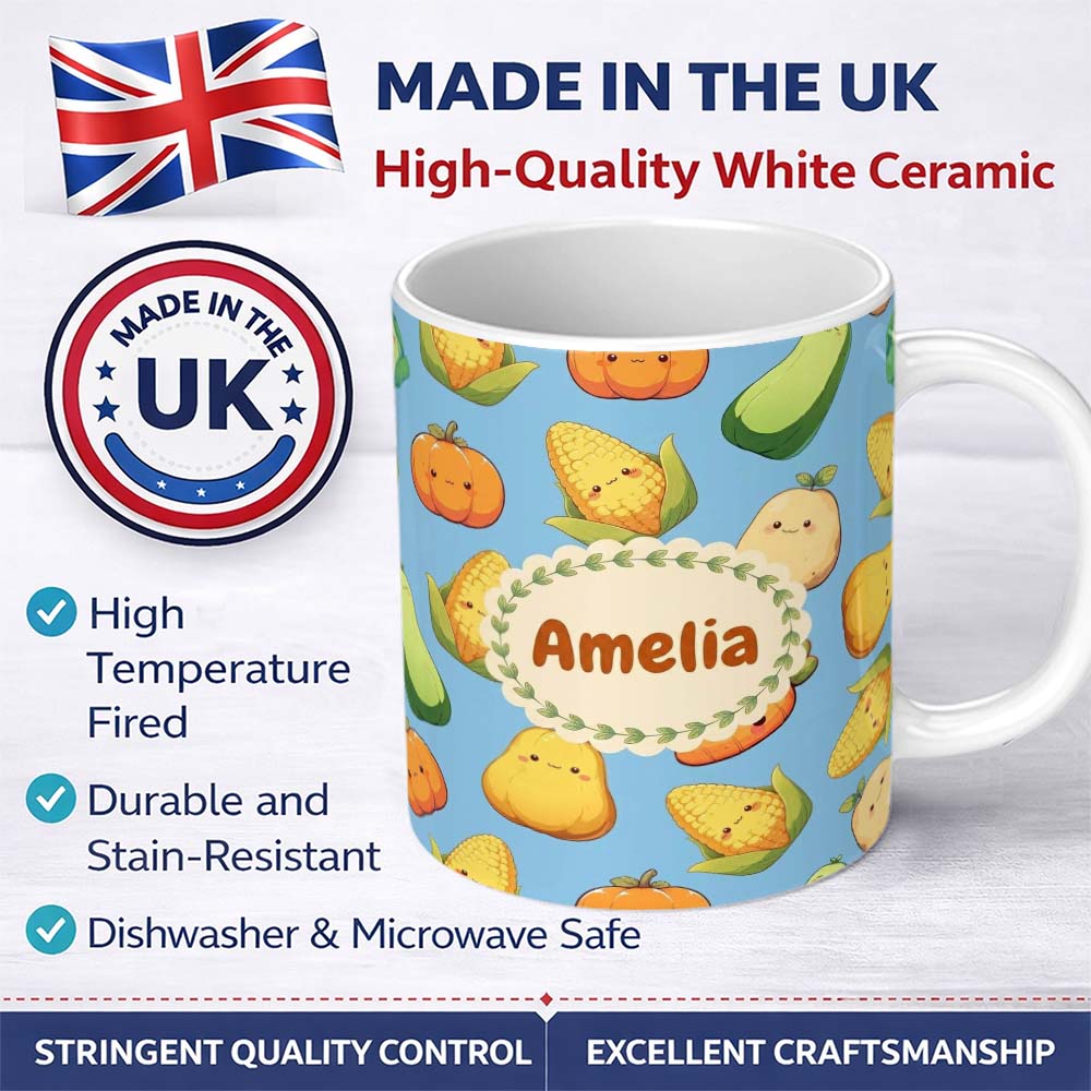 Personalized Custom Name Cute Kawaii Vegetables Corn Carrot Pumpkin Sky Blue Background 11oz Ceramic Coffee Tea Mug White Large Handle