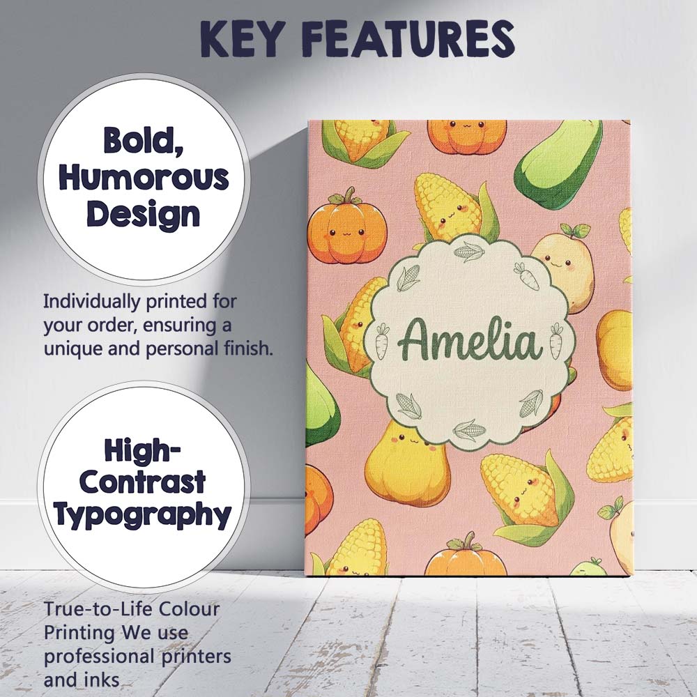 Personalised Name Cute Kawaii Vegetables Custom Unique Gift Idea Elegant Feature Canvas Wall Art Print Decor Picture Ready to Hang