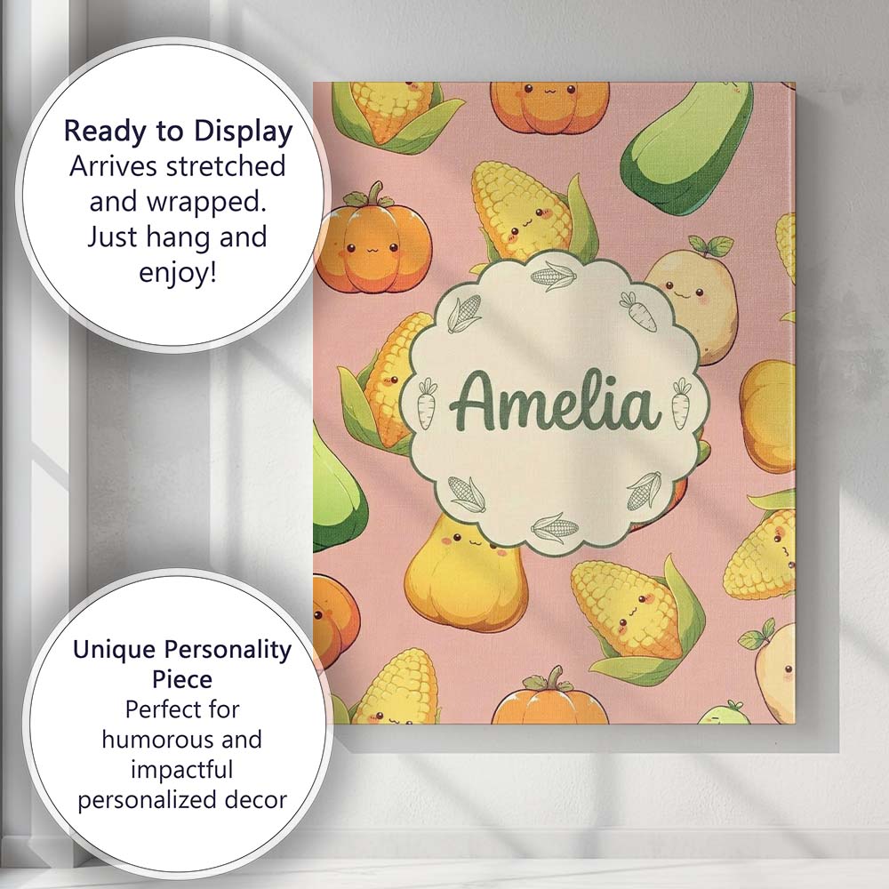 Personalised Name Cute Kawaii Vegetables Custom Unique Gift Idea Elegant Feature Canvas Wall Art Print Decor Picture Ready to Hang