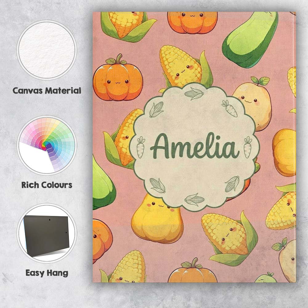 Personalised Name Cute Kawaii Vegetables Custom Unique Gift Idea Elegant Feature Canvas Wall Art Print Decor Picture Ready to Hang