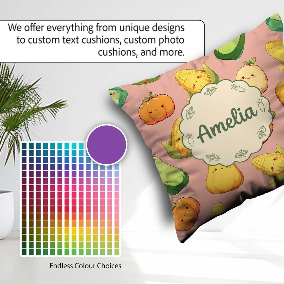 Custom Name Cute Kawaii Vegetables Corn Pumpkin Peach Background Square Filled Cushion Throw Pillow Sofa Bed Home Decor Zip Washable UK Made