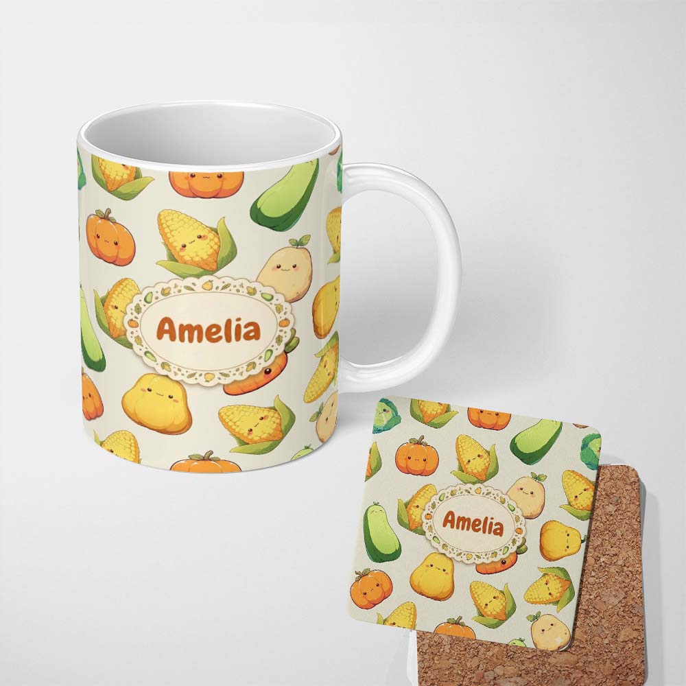 Personalized Custom Name Cute Kawaii Vegetables Corn Carrot Pumpkin Cream Background 11oz Ceramic Coffee Tea Mug White Large Handle