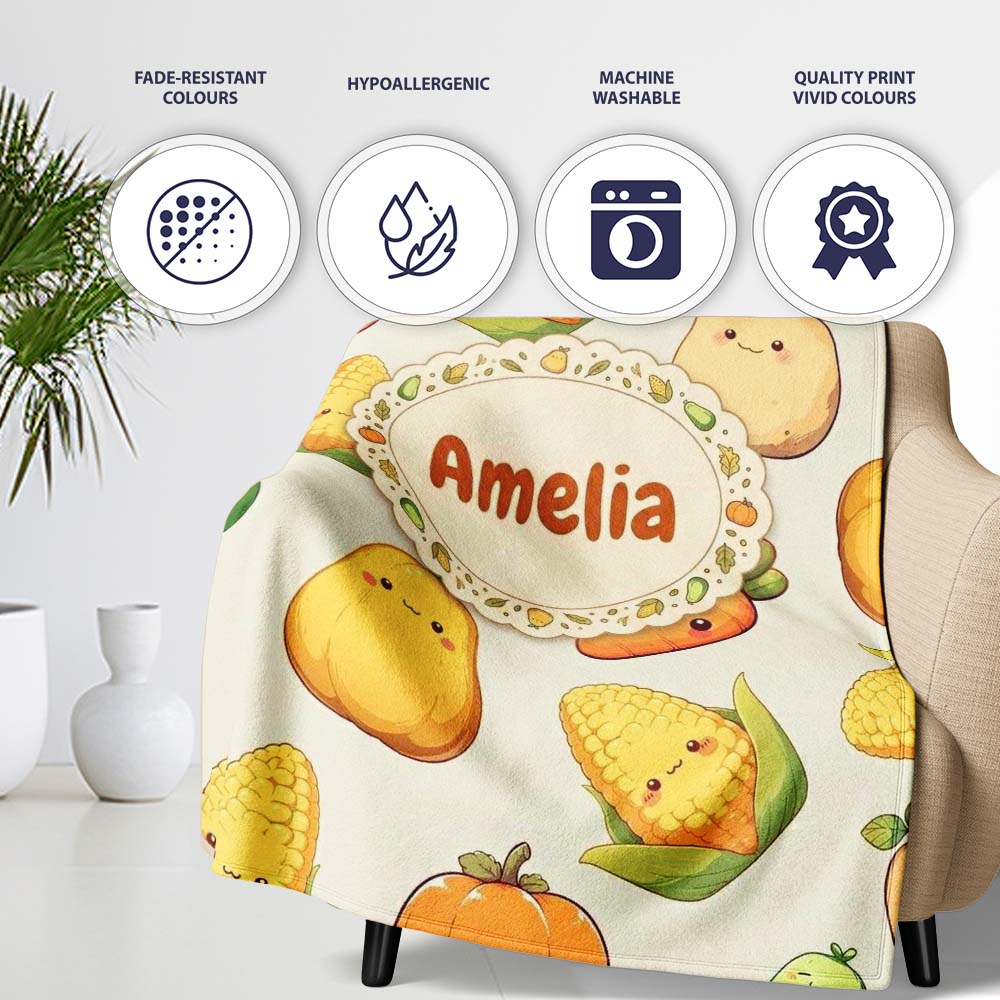 Cute Kawaii Vegetables Corn Carrot Pumpkin Cream Background Personalised Custom Name Super Soft Fleece Blanket Bed Sofa Throw