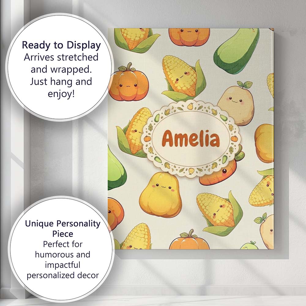 Personalised Name Cute Kawaii Vegetables Custom Unique Gift Idea Elegant Feature Canvas Wall Art Print Decor Picture Ready to Hang