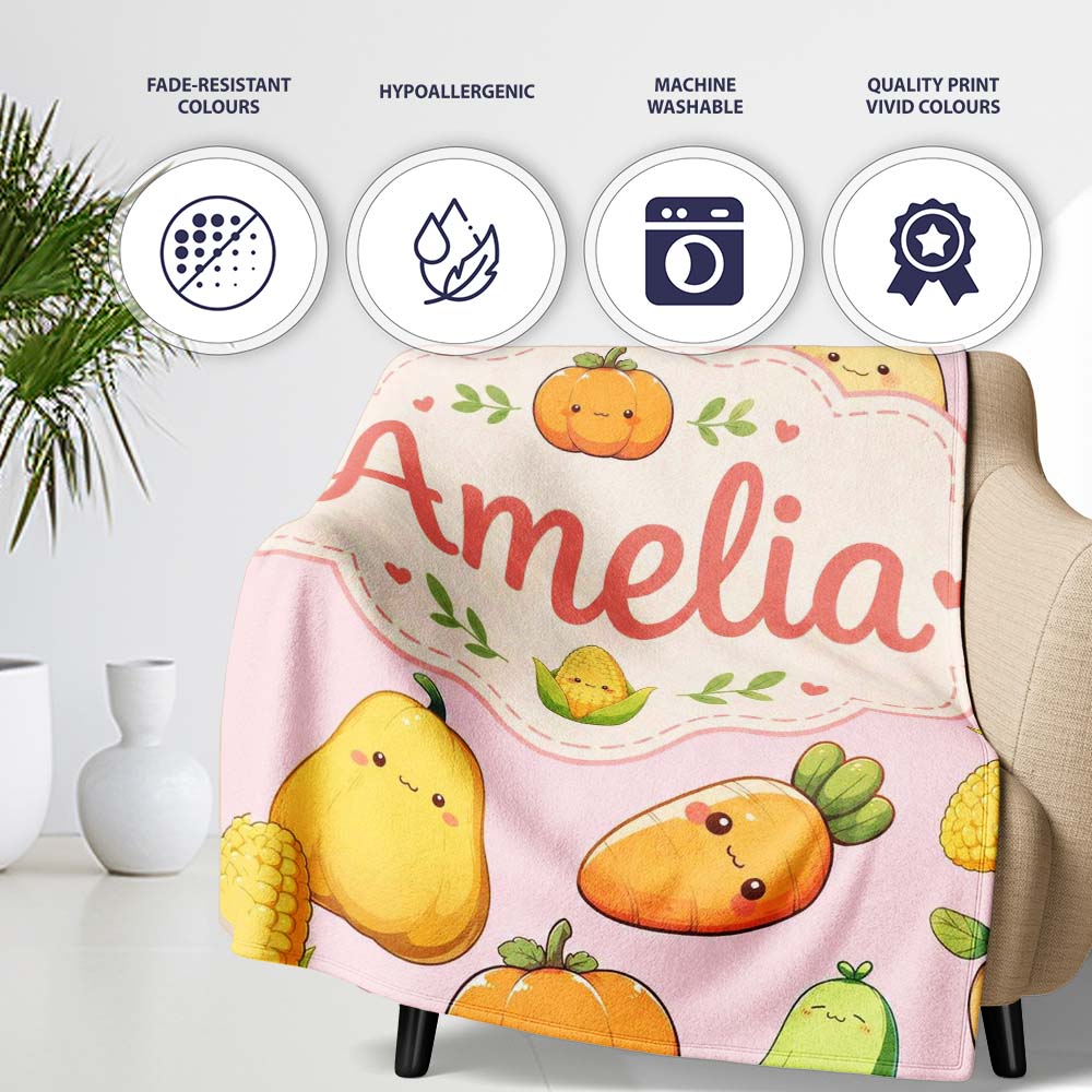 Cute Kawaii Corn Carrot Pumpkin Light Pink Background Seamless Personalised Custom Name Super Soft Fleece Blanket Bed Sofa Throw