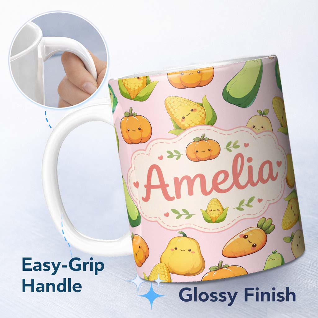 Personalized Custom Name Cute Kawaii Corn Carrot Pumpkin Light Pink Background Seamless 11oz Ceramic Coffee Tea Mug White Large Handle
