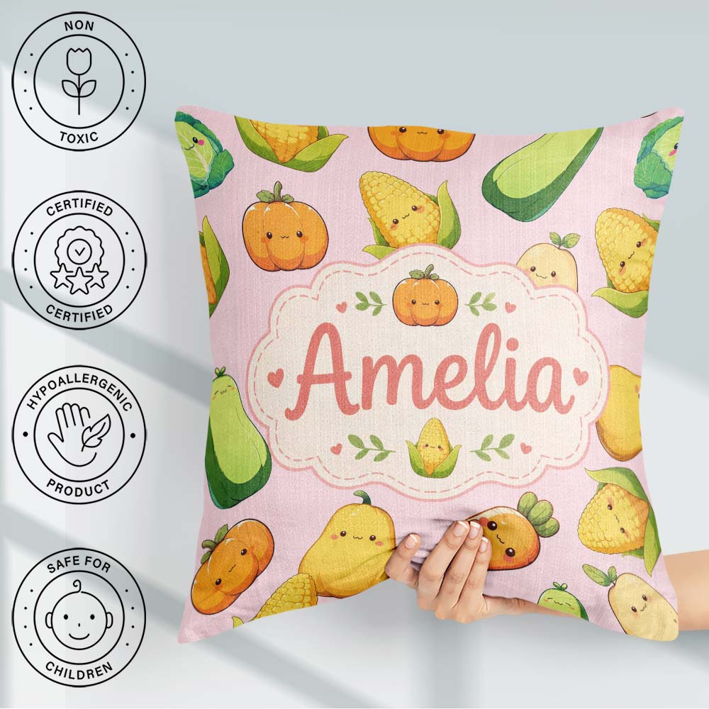 Custom Name Cute Kawaii Corn Carrot Pumpkin Light Pink Seamless Square Filled Cushion Throw Pillow Sofa Bed Home Decor Zip Washable UK Made