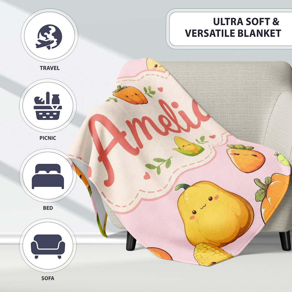 Cute Kawaii Corn Carrot Pumpkin Light Pink Background Seamless Personalised Custom Name Super Soft Fleece Blanket Bed Sofa Throw