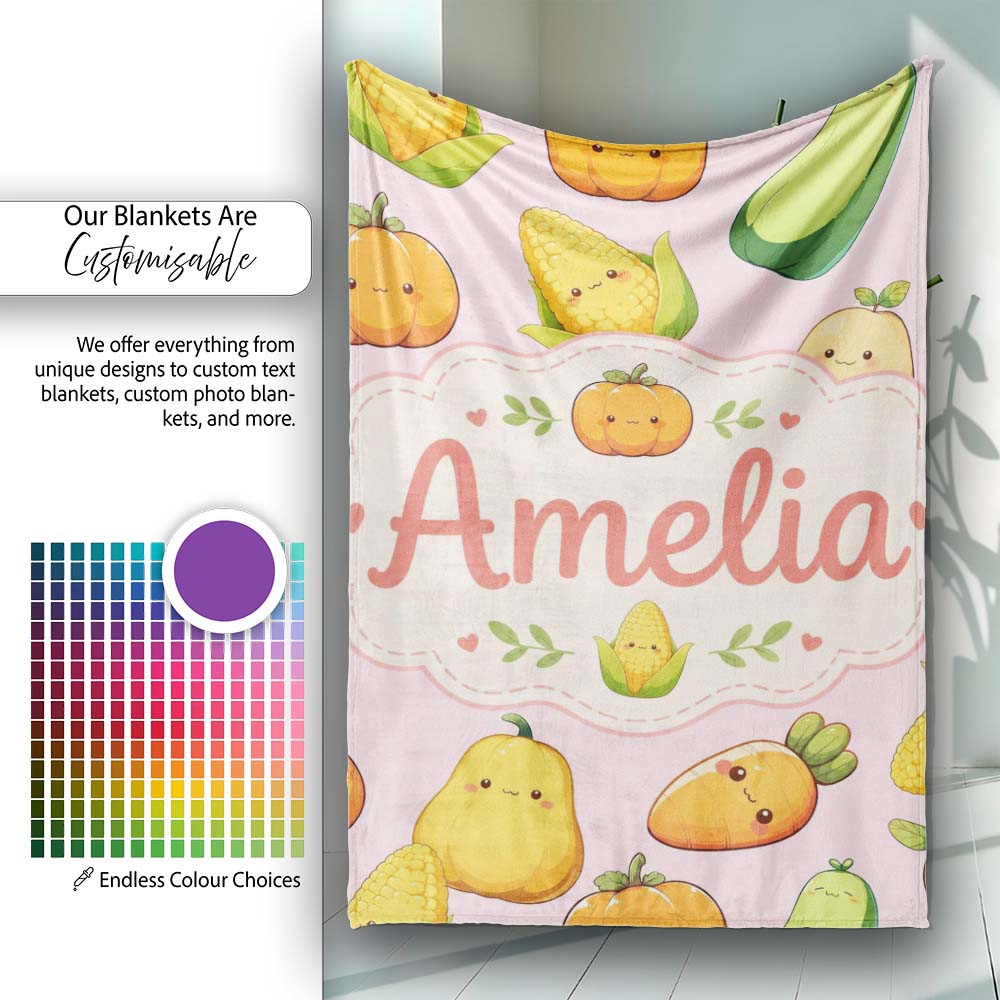 Cute Kawaii Corn Carrot Pumpkin Light Pink Background Seamless Personalised Custom Name Super Soft Fleece Blanket Bed Sofa Throw