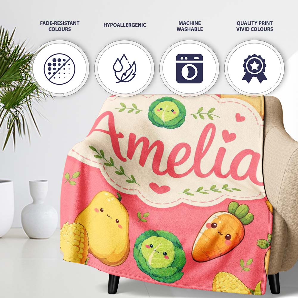 Cute Kawaii Vegetables Corn Carrot Pumpkin Coral Background Personalised Custom Name Super Soft Fleece Blanket Bed Sofa Throw