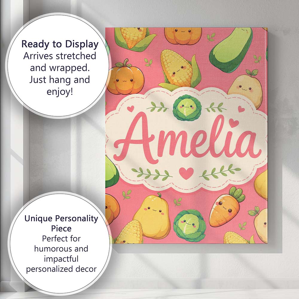 Personalised Name Cute Kawaii Vegetables Custom Unique Gift Idea Elegant Feature Canvas Wall Art Print Decor Picture Ready to Hang