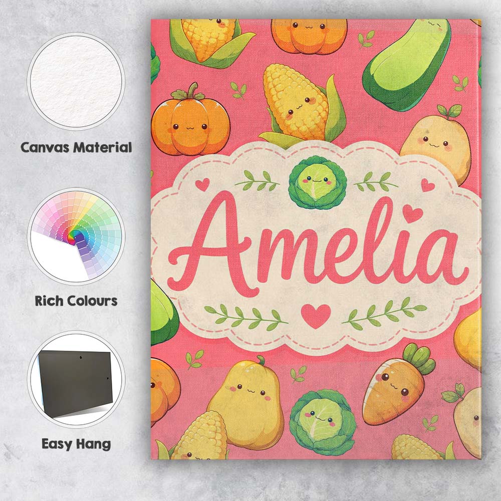 Personalised Name Cute Kawaii Vegetables Custom Unique Gift Idea Elegant Feature Canvas Wall Art Print Decor Picture Ready to Hang