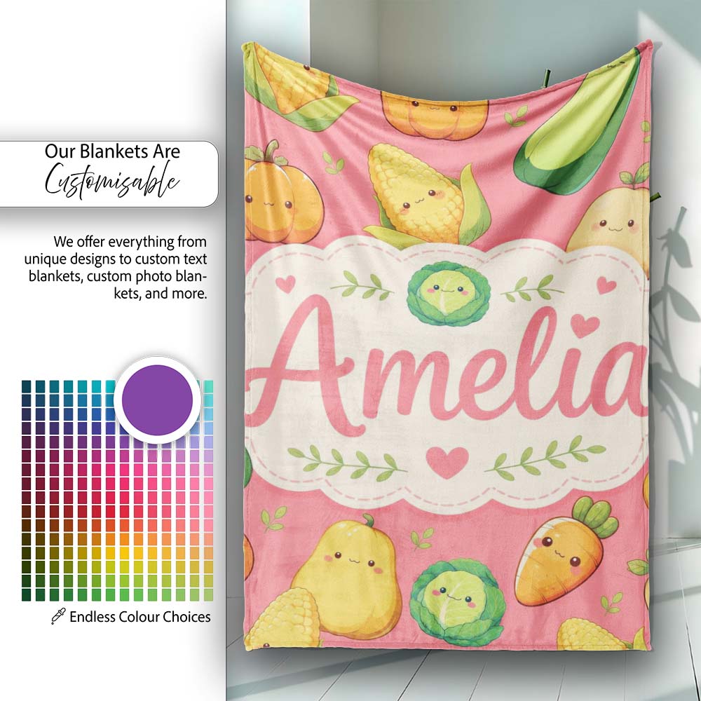 Cute Kawaii Vegetables Corn Carrot Pumpkin Coral Background Personalised Custom Name Super Soft Fleece Blanket Bed Sofa Throw