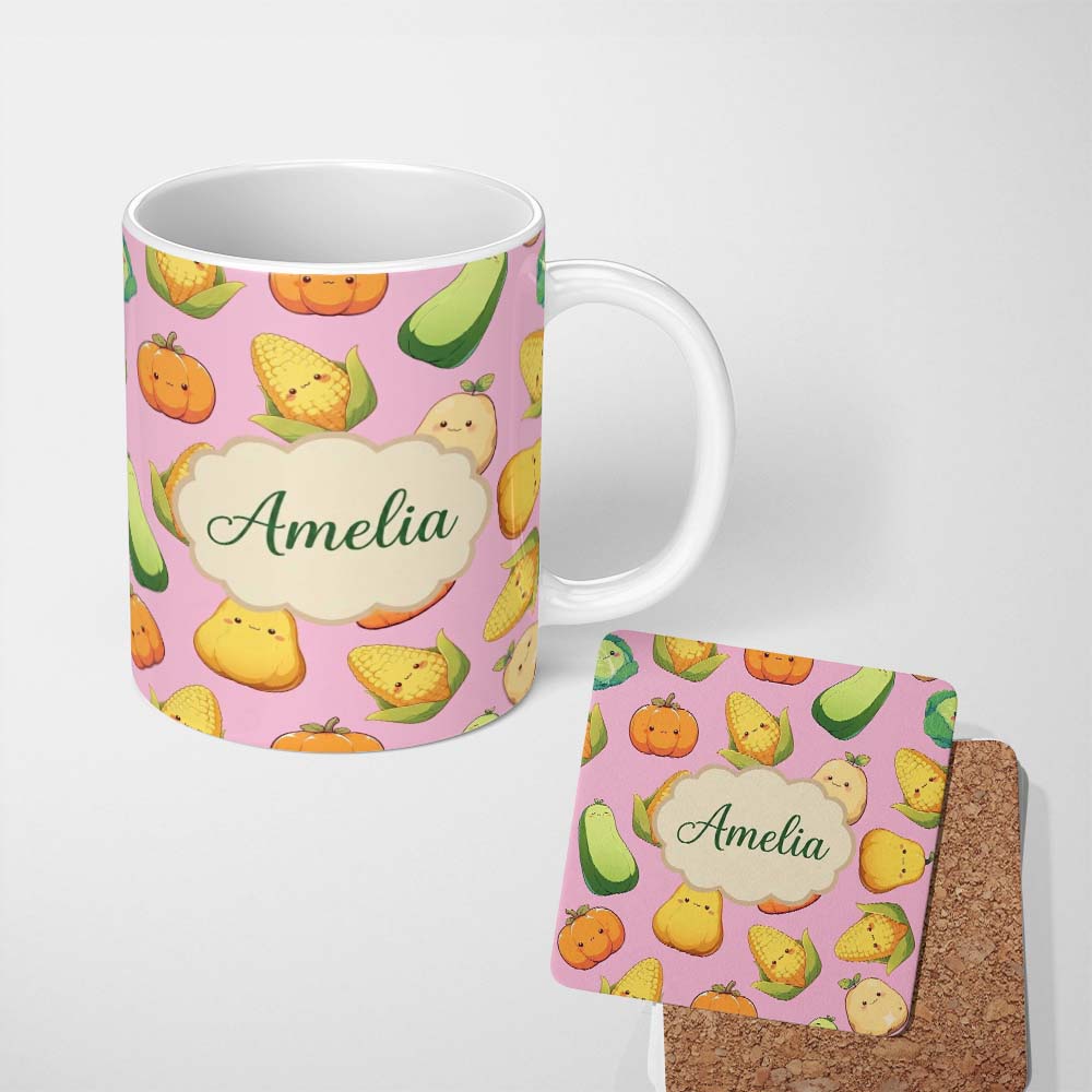 Personalized Custom Name Cute Kawaii Corn Carrot Pumpkin Dusty Pink Background Seamless 11oz Ceramic Coffee Tea Mug White Large Handle