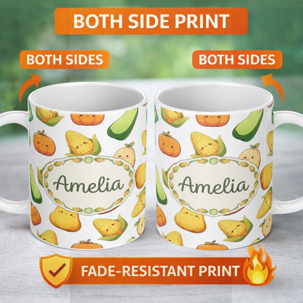 Personalized Custom Name Cute Kawaii Vegetables Corn Carrot Pumpkin White Background 11oz Ceramic Coffee Tea Mug White Large Handle