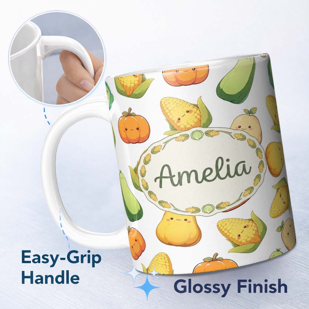 Personalized Custom Name Cute Kawaii Vegetables Corn Carrot Pumpkin White Background 11oz Ceramic Coffee Tea Mug White Large Handle