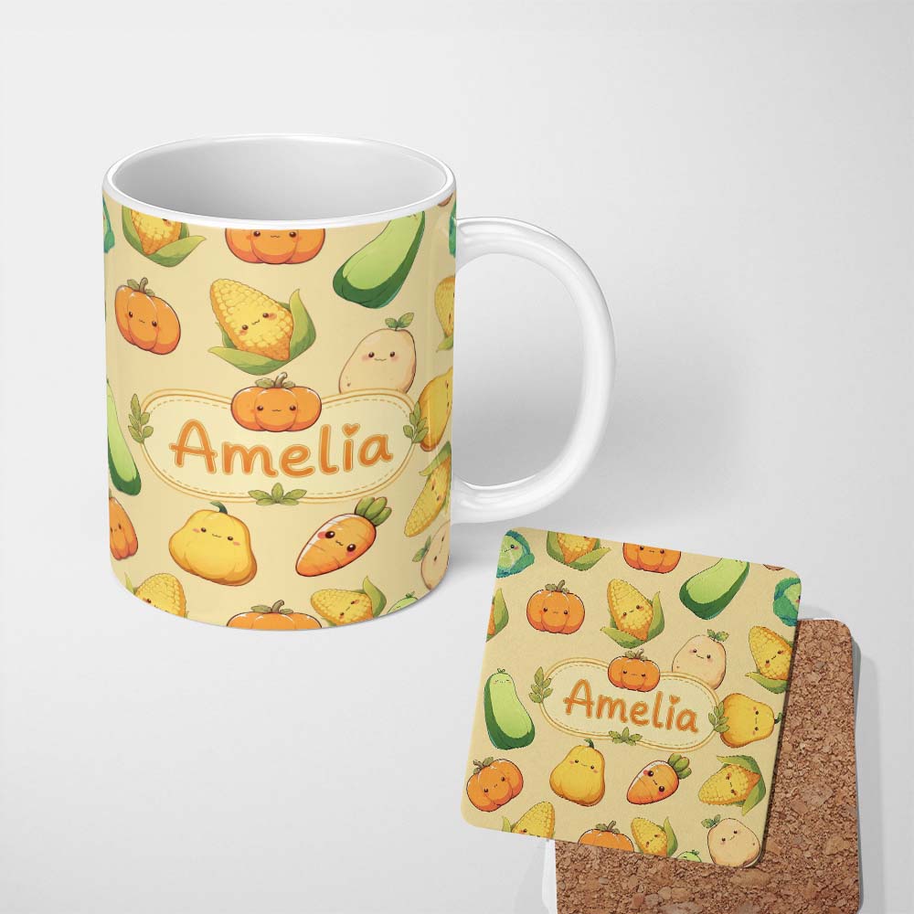 Personalized Custom Name Cute Kawaii Vegetables Corn Carrot Pumpkin Beige Background 11oz Ceramic Coffee Tea Mug White Large Handle