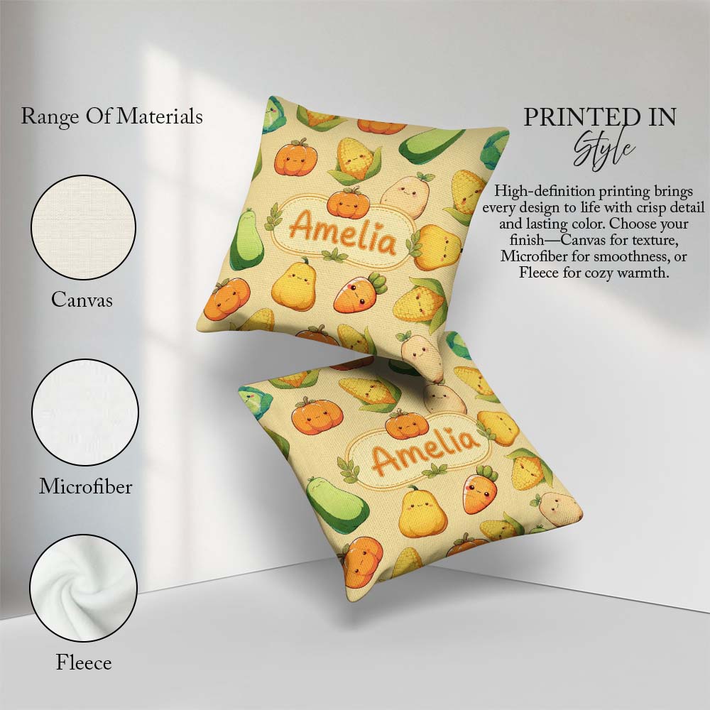 Custom Name Cute Kawaii Vegetables Corn Pumpkin Beige Background Square Filled Cushion Throw Pillow Sofa Bed Home Decor Zip Washable UK Made