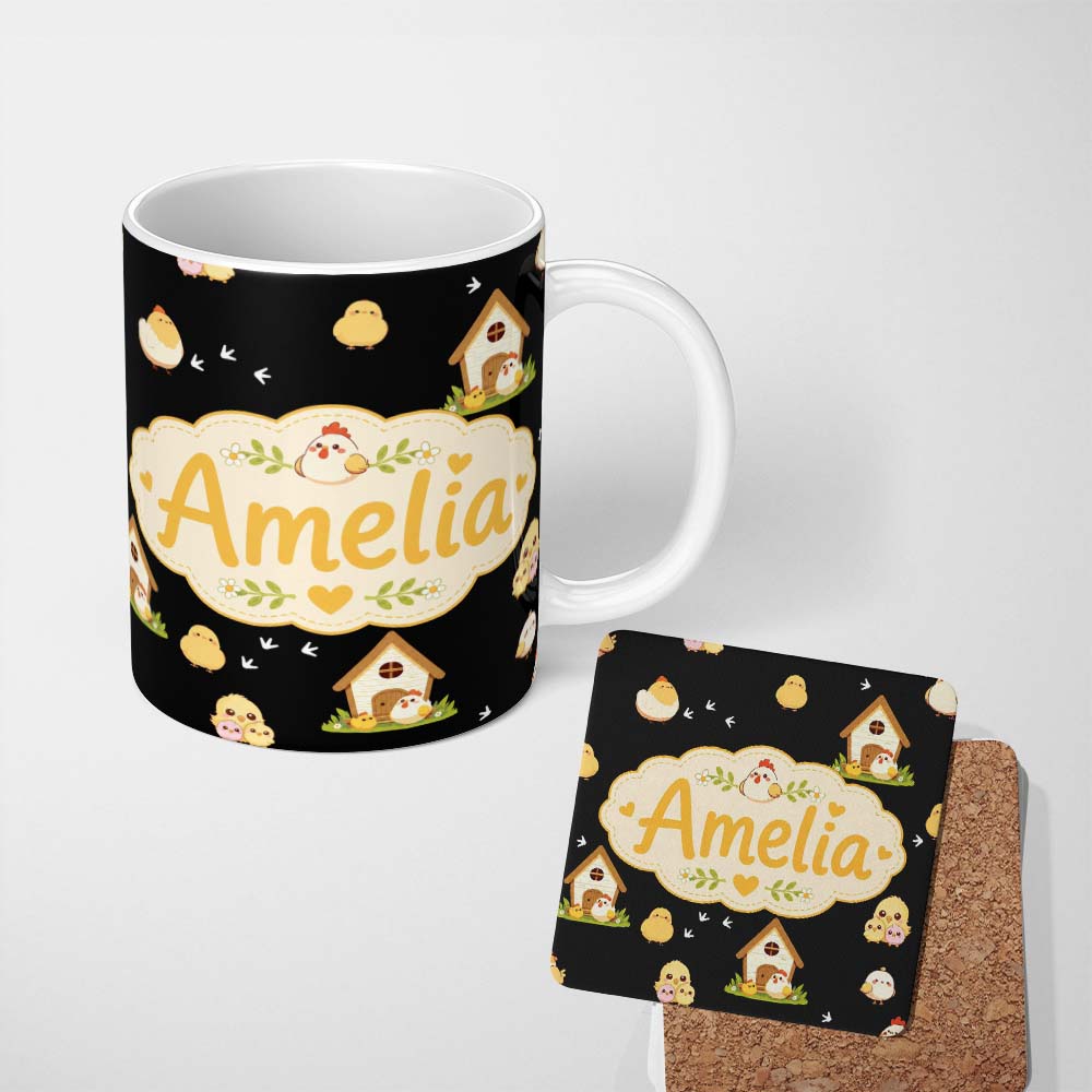 Personalized Custom Name Cute Baby Chick Hen Coop Farm Black Background Seamless Pattern Name 11oz Ceramic Coffee Tea Mug White Large Handle