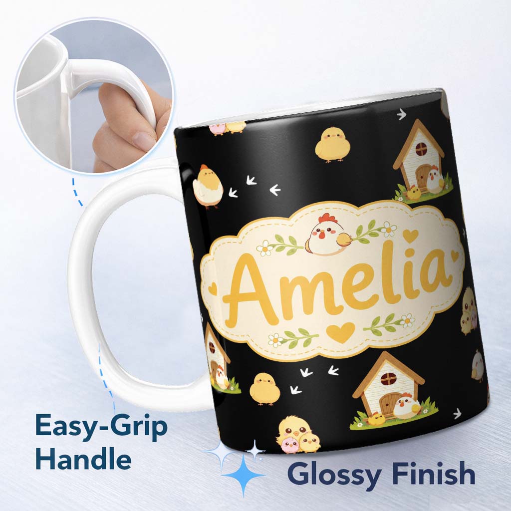 Personalized Custom Name Cute Baby Chick Hen Coop Farm Black Background Seamless Pattern Name 11oz Ceramic Coffee Tea Mug White Large Handle