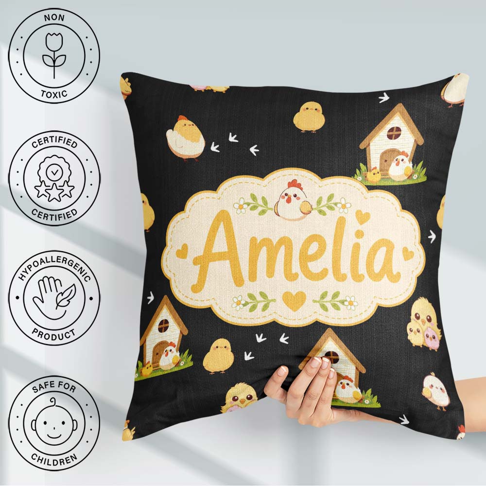 Custom Name Baby Chick Hen Coop Farm Black Seamless Pattern Name Square Filled Cushion Throw Pillow Sofa Bed Home Decor Zip Washable UK Made