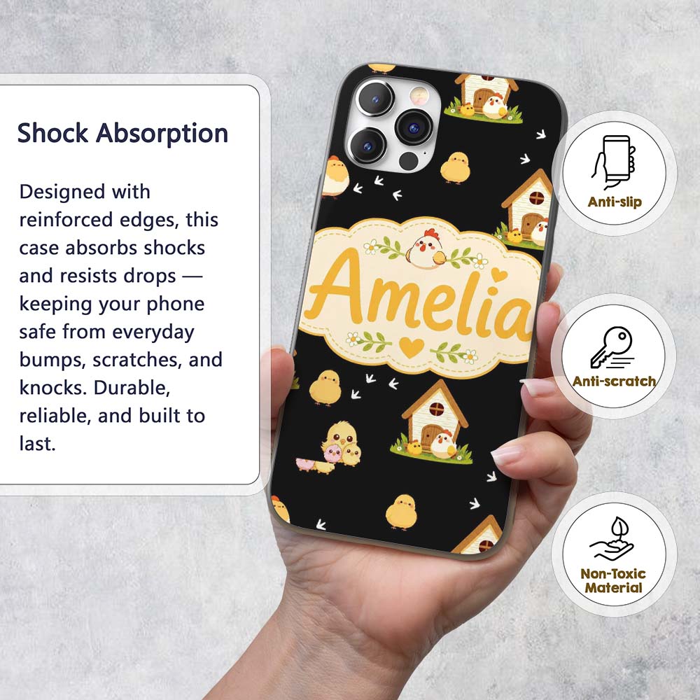 Cute Baby Chick Hen Coop Farm Black Background Custom Name Protective Phone Case Mobile Cover Durable Everyday Smartphone Shock Resistant