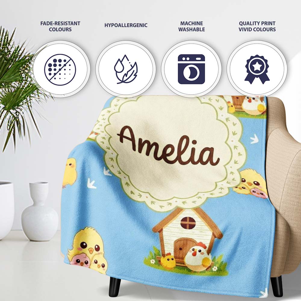 Cute Baby Chick Hen Coop Farm Blue Background Seamless Pattern Personalised Custom Name Super Soft Fleece Blanket Bed Sofa Throw