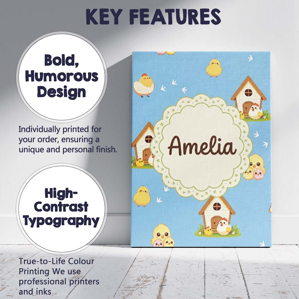 Personalised Name Cute Baby Chick Hen Coop Custom Unique Gift Idea Elegant Feature Canvas Wall Art Print Decor Picture Ready to Hang