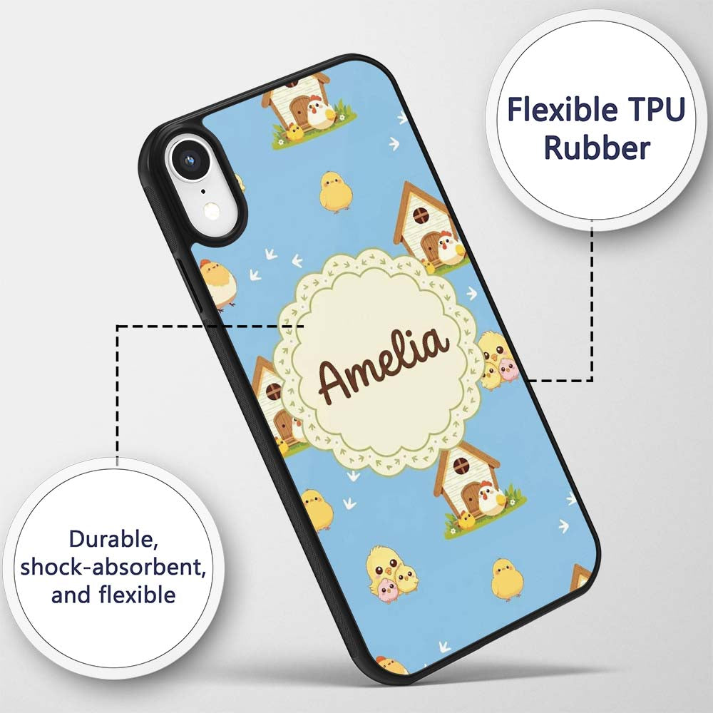 Cute Baby Chick Hen Coop Farm Blue Background Custom Name Protective Phone Case Mobile Cover Durable Everyday Smartphone Shock Resistant
