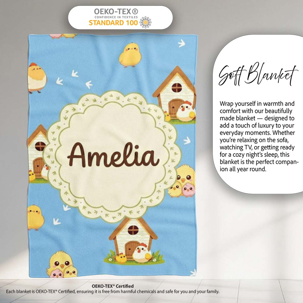 Cute Baby Chick Hen Coop Farm Blue Background Seamless Pattern Personalised Custom Name Super Soft Fleece Blanket Bed Sofa Throw
