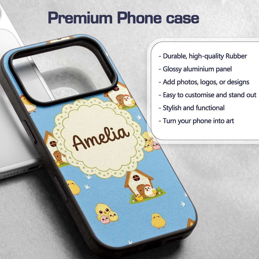 Cute Baby Chick Hen Coop Farm Blue Background Custom Name Protective Phone Case Mobile Cover Durable Everyday Smartphone Shock Resistant